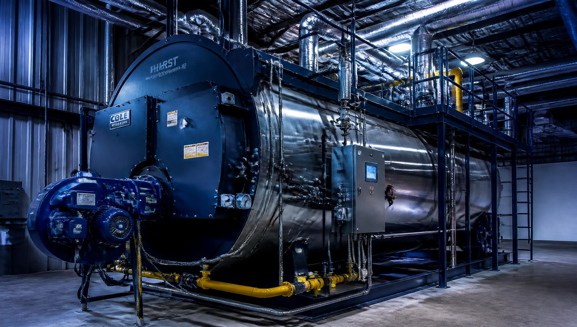 Industrial three-pass steam boiler installed with insulated pipework and controls